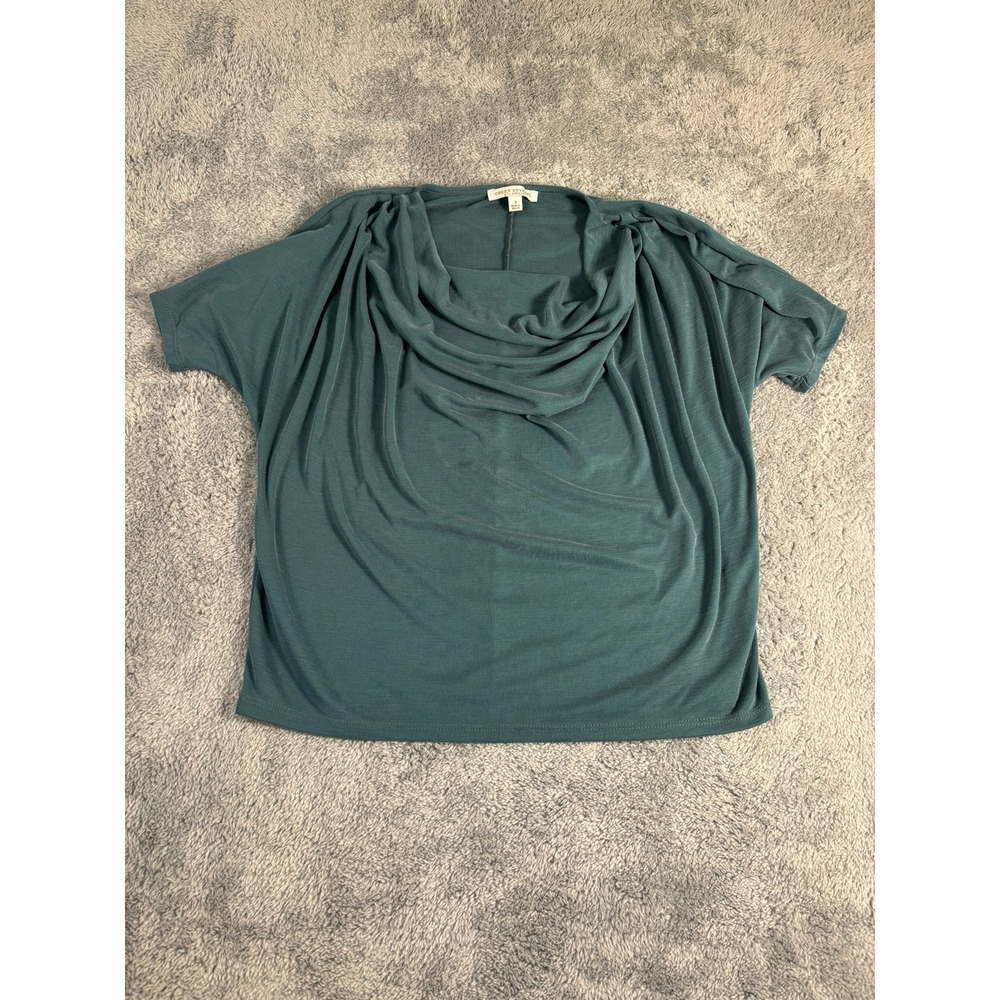 Green Envelope Los Angeles Teal Cowl Neck Ribbed Draped Top Short Sleeve S